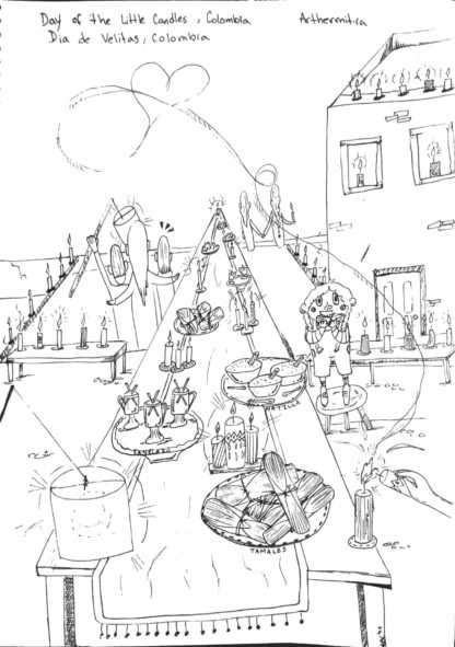 A preview of Dia de Velitas (Day of the Little Candles) colouring page.